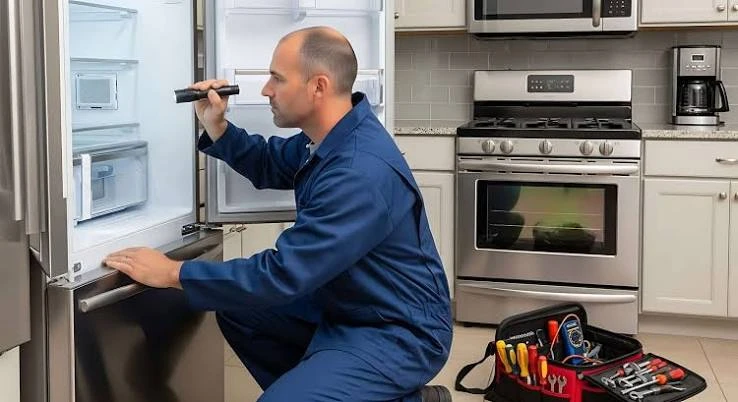 Technician inspecting the interior of a stainless steel refrigerator